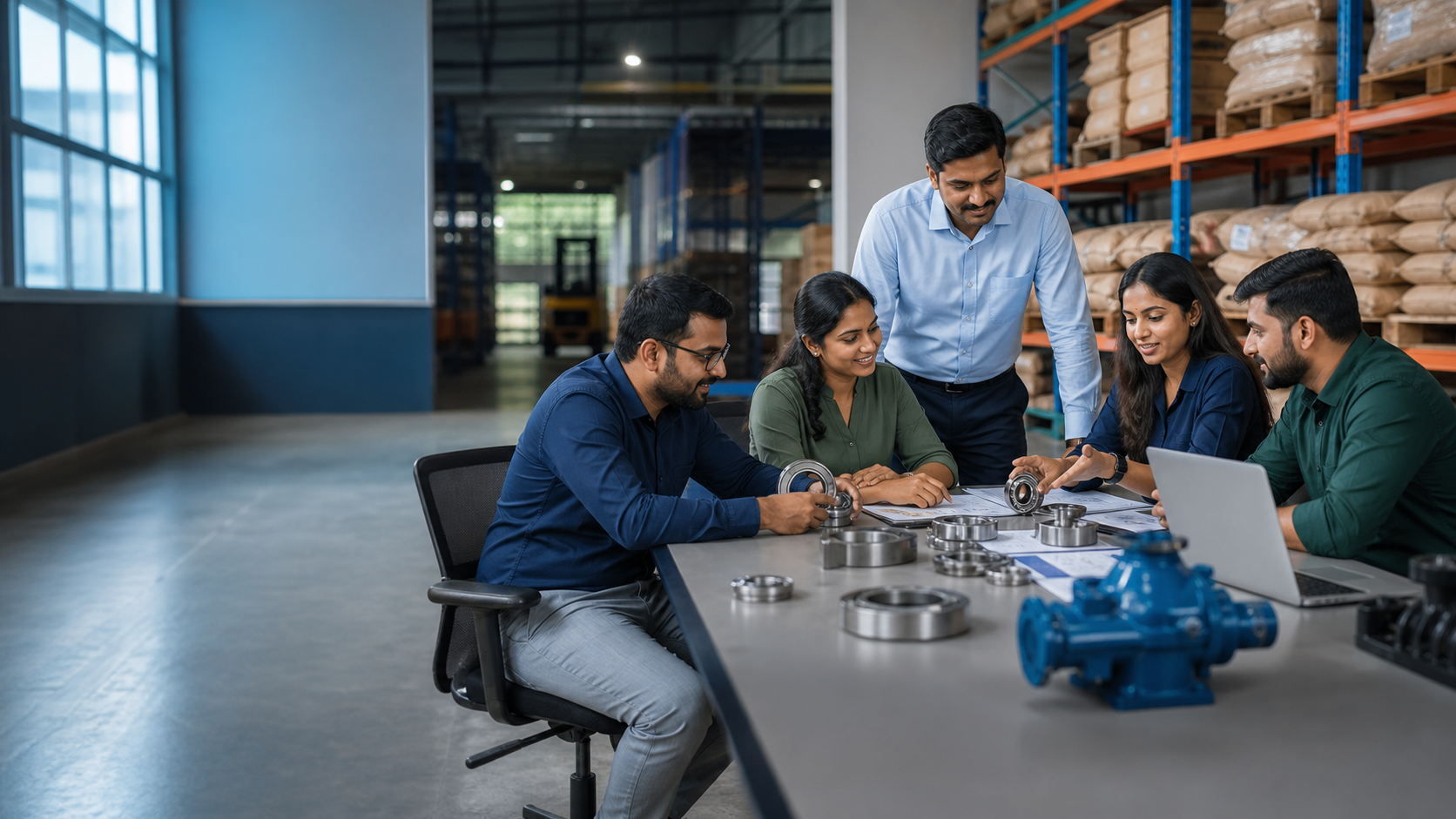 Industrial sourcing and logistics team reviewing bearings and pump components